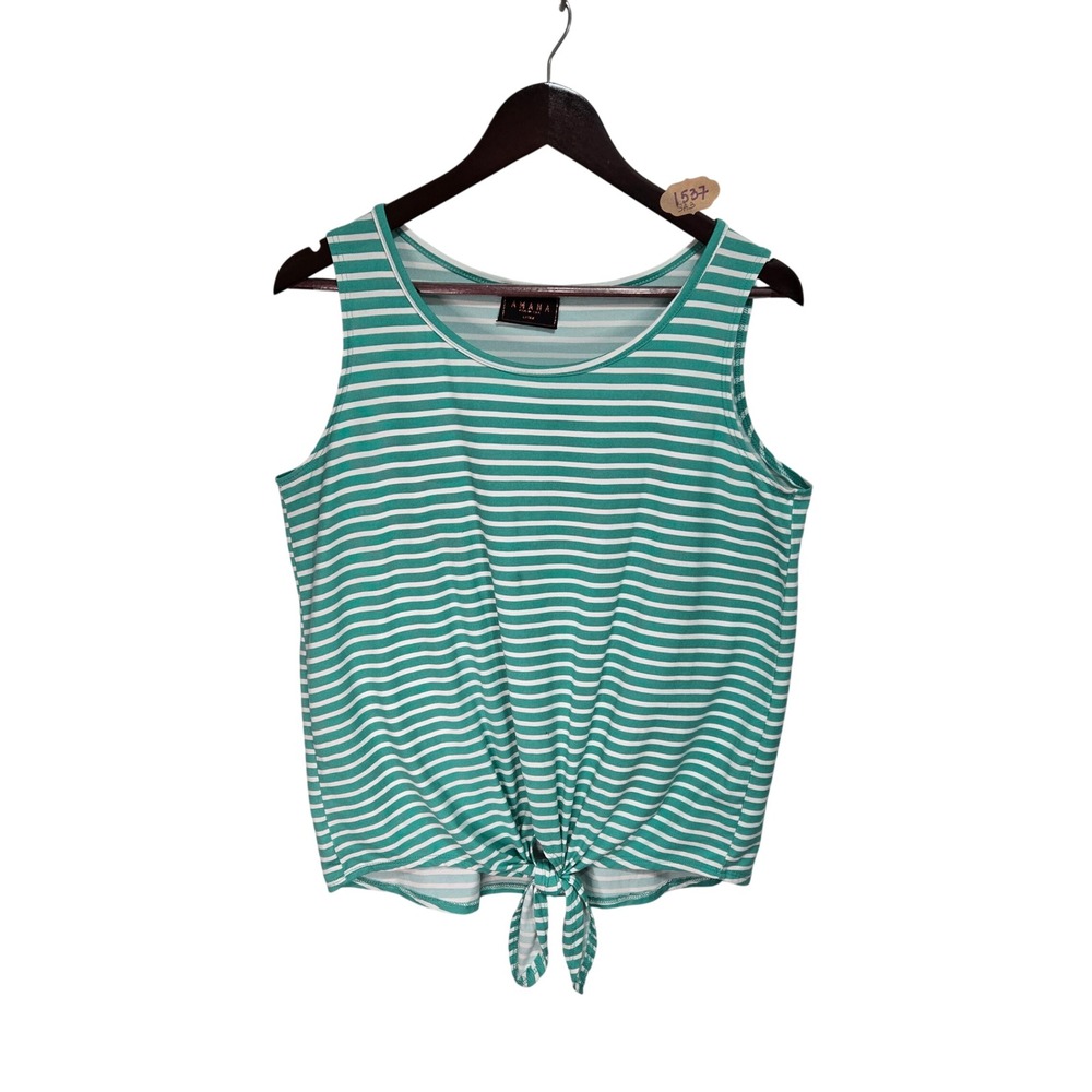 Amana Green White Striped Front Tie Knot Tank Top Sleeveless Scoop Neck Large